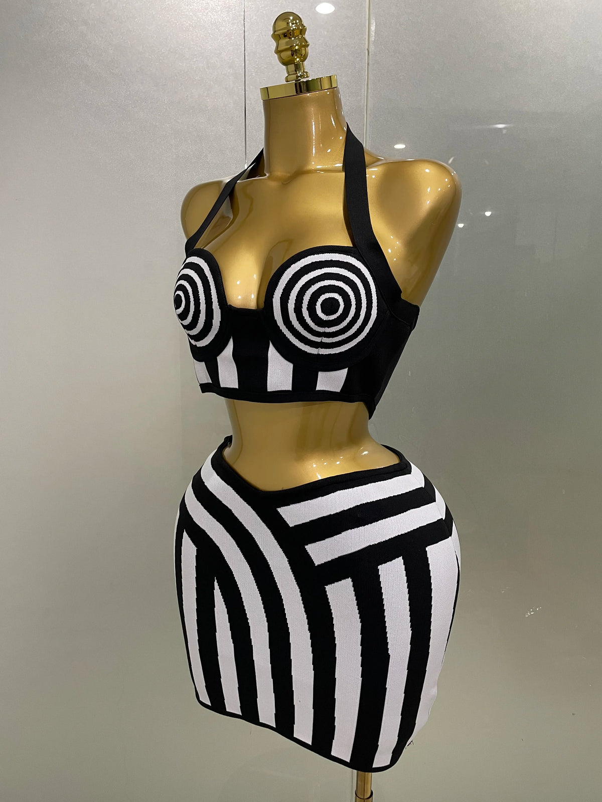 Dagmar Striped Jacquard Bandage Halter Crop Top & Bodycon Mini Skirt Two-piece