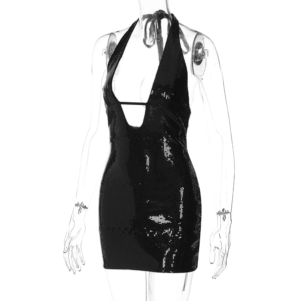 Starlight Sequin Lace-Up Halter Mini Dress