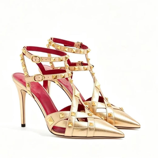 European and American Sexy Studded Pointed Fashion Stage Runway Shoes with French Style Toe Closure Buckle Strap Women's Sandals
