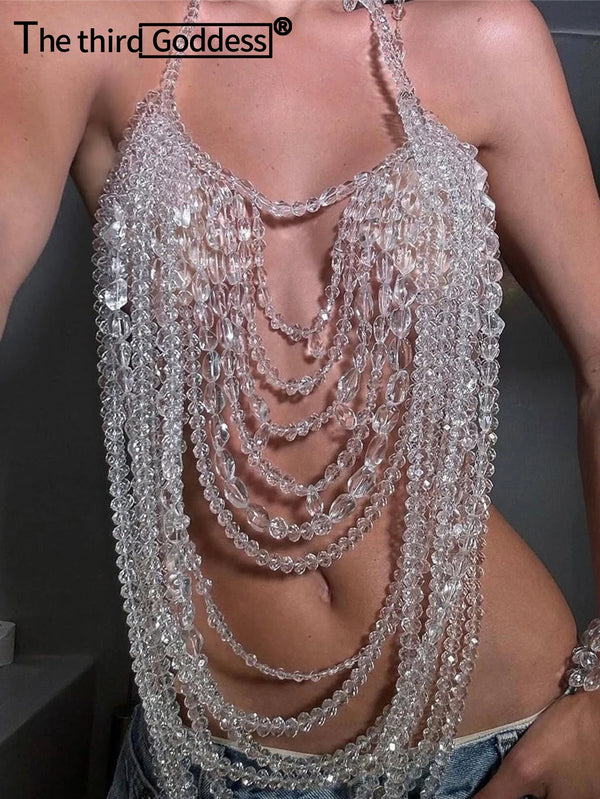 Sexy white see through rhinestone halter tank top women summer beach crop tops woman clothing club party top hotwife rave outfit