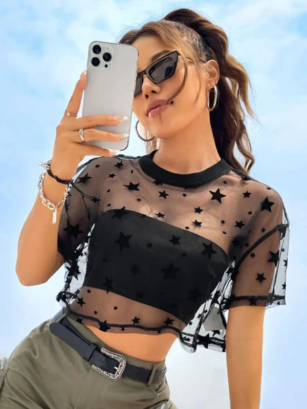 Stella Star-Embroidered Sheer Mesh Crop Top One-piece