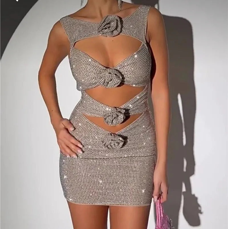 Delphine 3D Floral Rhinestone Bodycon Mini Dress