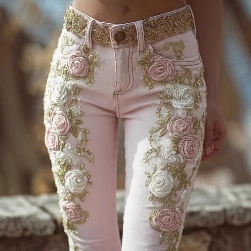 Florence Rose-Embroidered Beaded Denim Pants