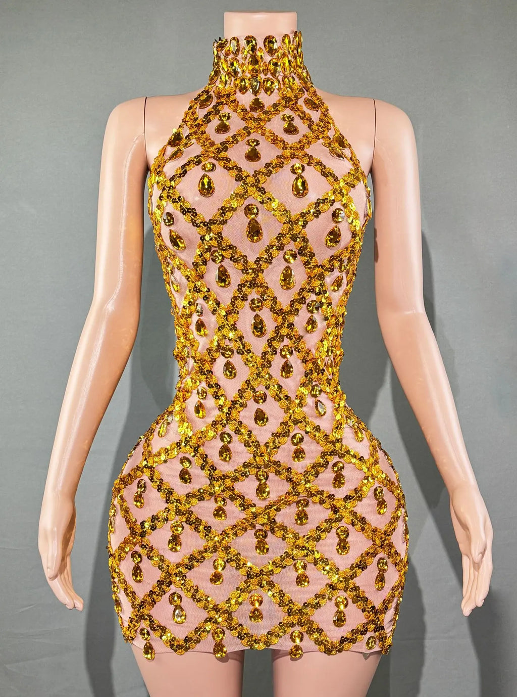 Selena Crystal Sheer Bodycon Halter Mini Dress