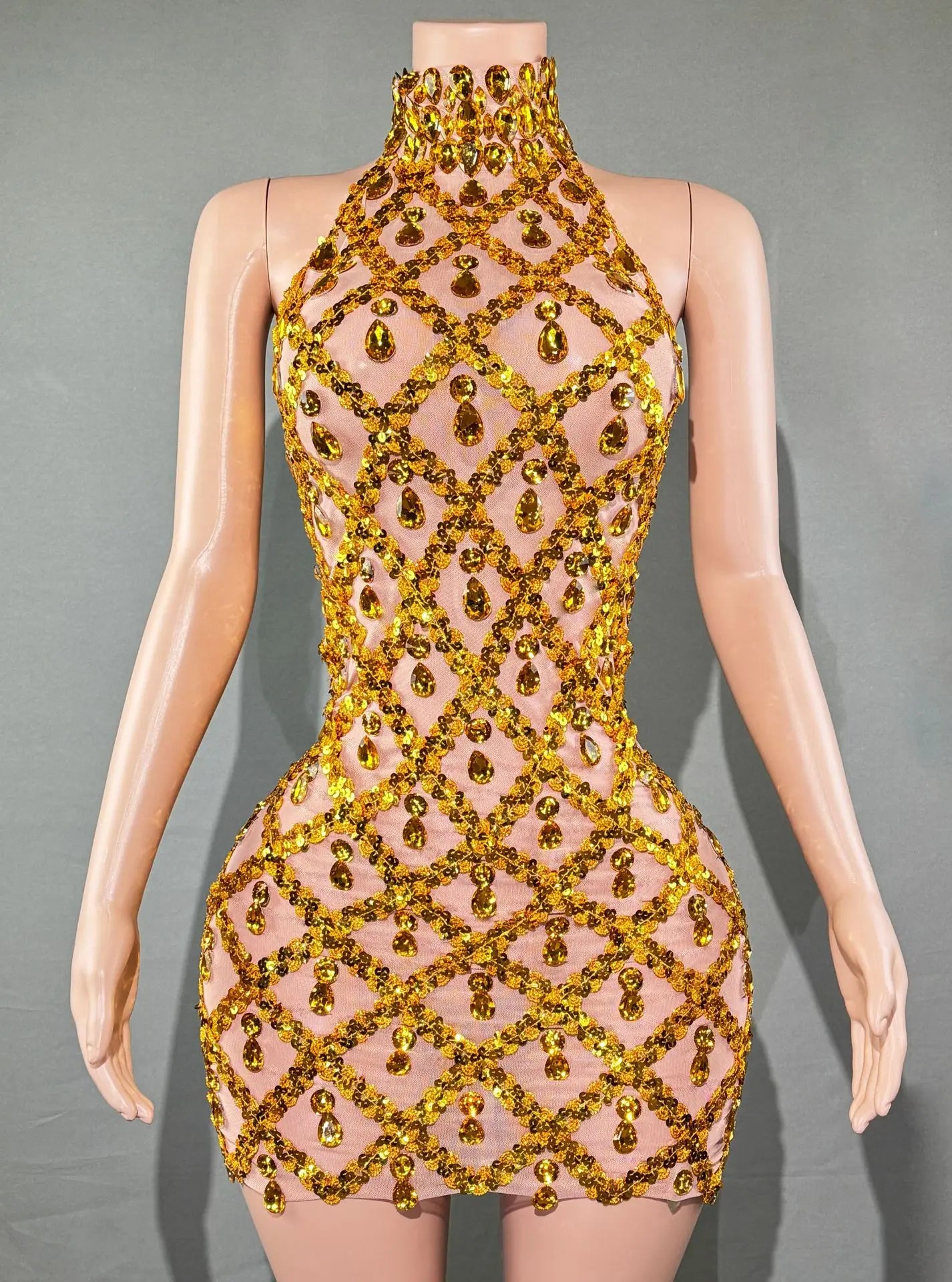 Selena Crystal Sheer Bodycon Halter Mini Dress