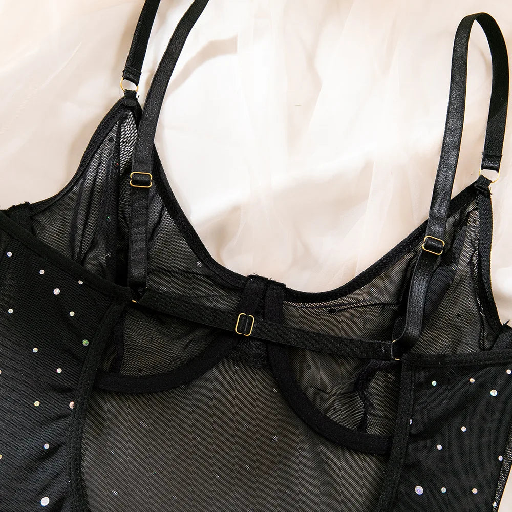 Honorine Shimmer Dot Sheer Mesh Garter Slip, Thong & Gloves Lingerie Three-piece