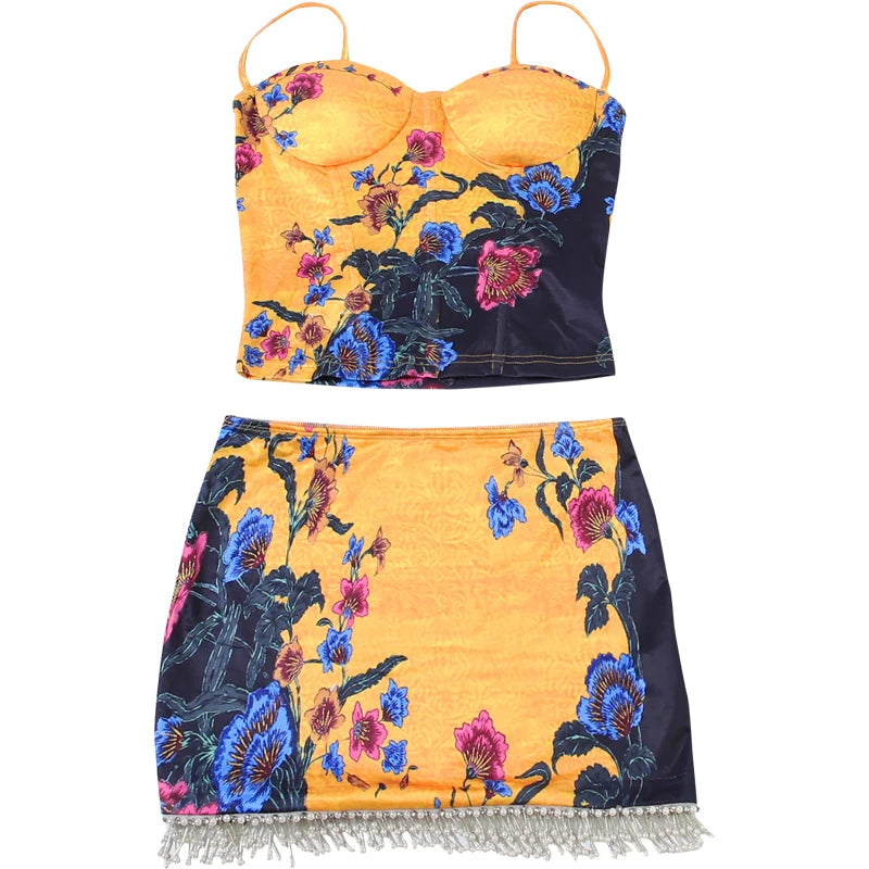Guinevere Floral Fringe Beaded Mini Skirt Set Two-piece