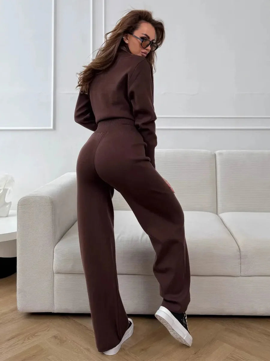 Sigourney Knit Zip-Up Cropped Cardigan & Wide-Leg Pants Two-Piece Set