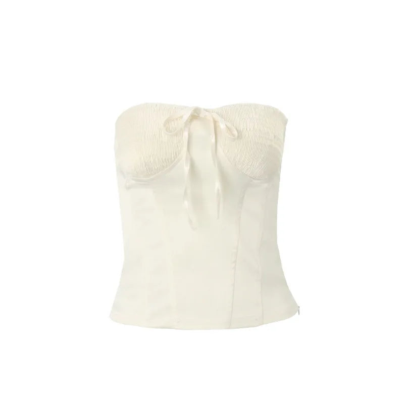 Zinaida Ivory Satin Bow-Front Corset Tube Top One-piece