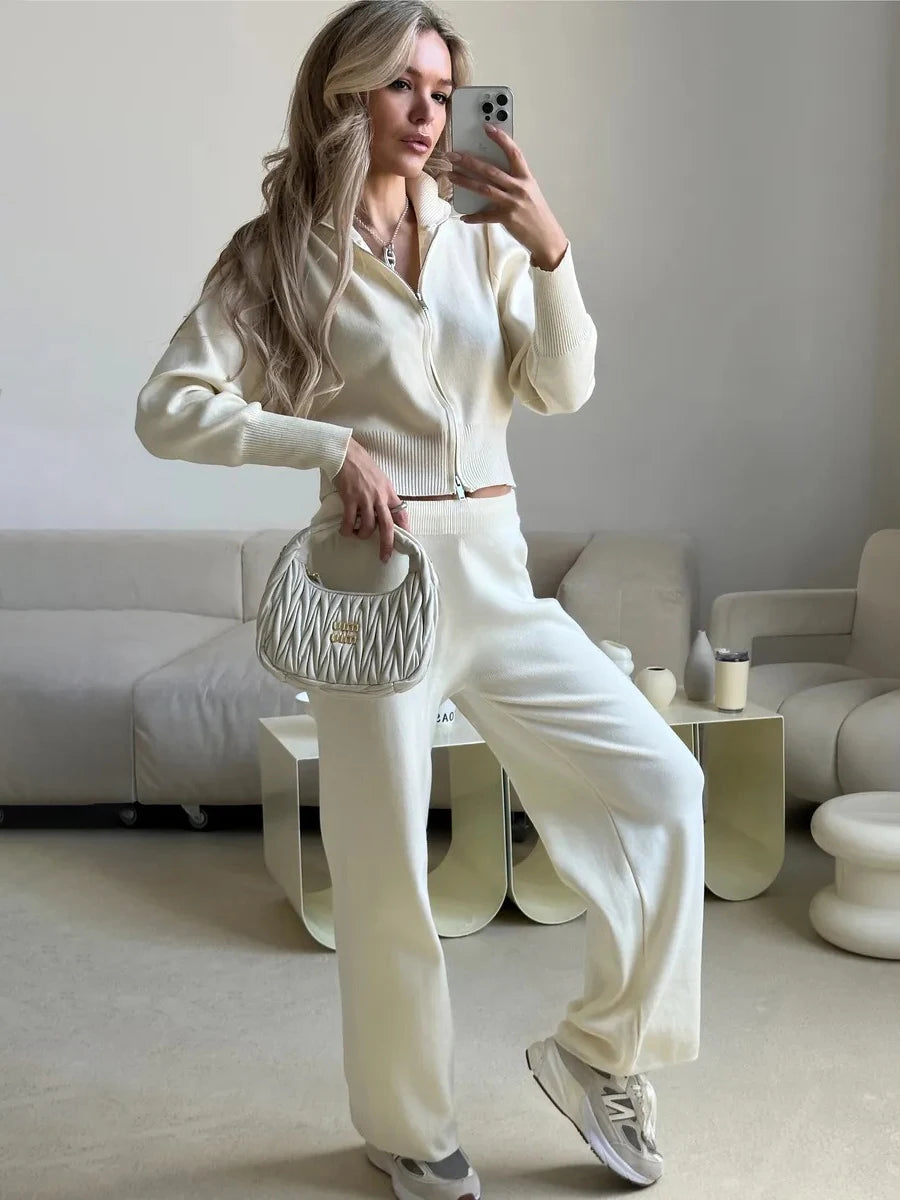 Sigourney Knit Zip-Up Cropped Cardigan & Wide-Leg Pants Two-Piece Set