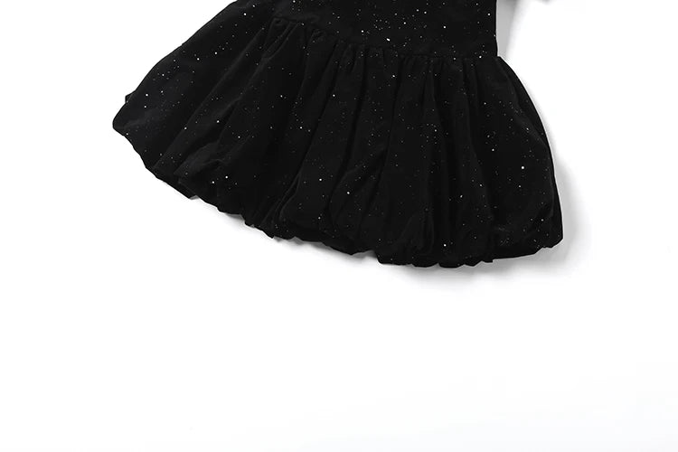 Amarisa Glitter Off-Shoulder Bow Corset Bubble-Hem Mini Dress