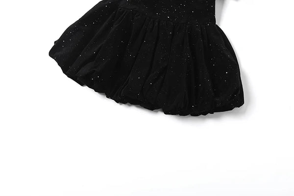Amarisa Glitter Off-Shoulder Bow Corset Bubble-Hem Mini Dress