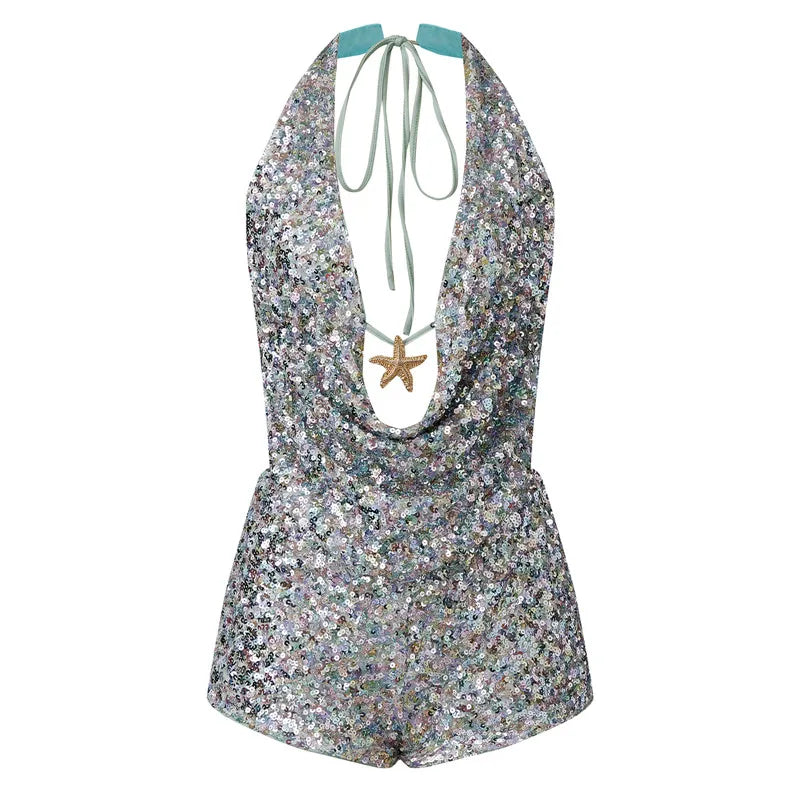 Wynonna Sequin Halter Cowl Crop Top & Mini Skirt Set