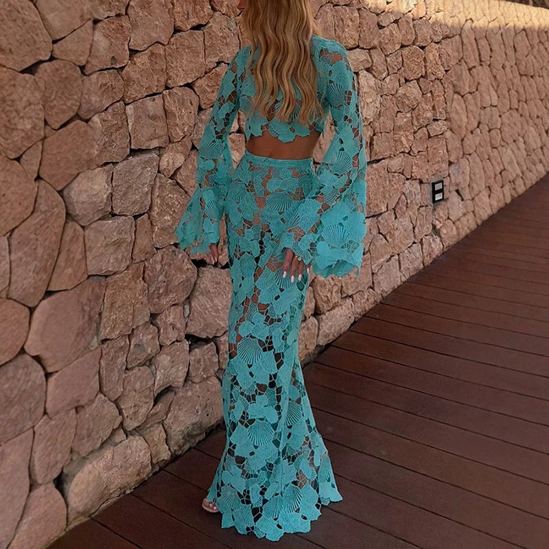 Yolande Lace Bell-Sleeve Crop Top & Mermaid Maxi Skirt Two-piece