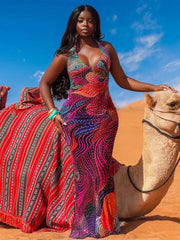 Aria Sunset Swirl Halter Mesh Maxi Dress