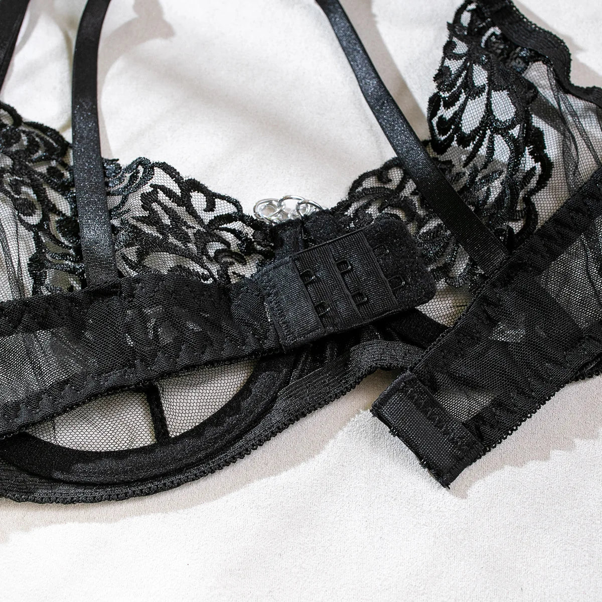 Oriane Floral Embroidered Chain-Trim Garter Lingerie Set