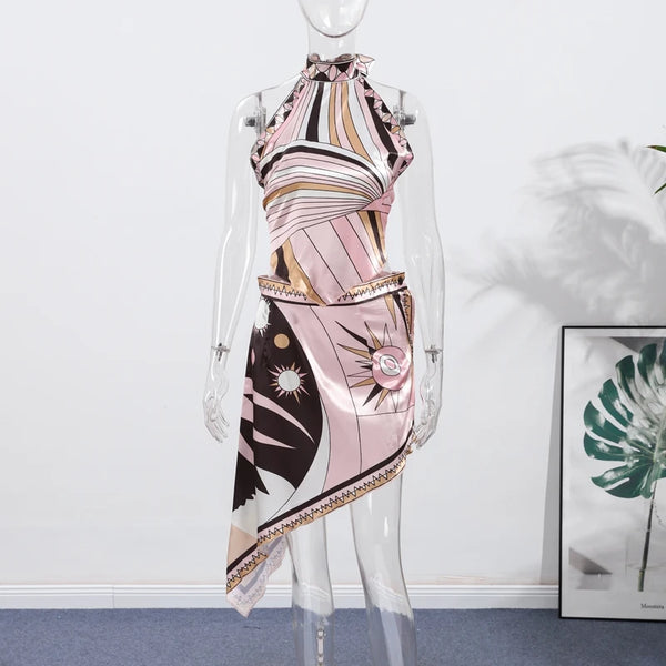 Briseis Printed Halter Top, Shorts & Asymmetric Skirt Three-piece