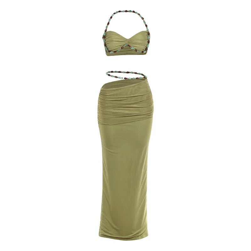 Jade Beaded Halter High-Low Maxi Skirt Set Two-piece