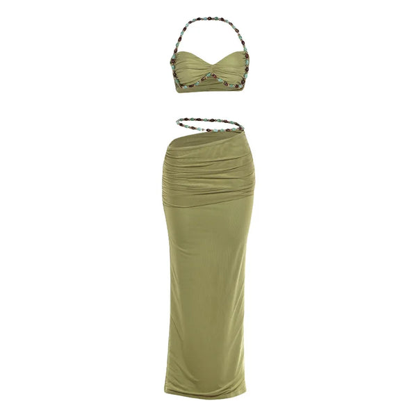 Jade Beaded Halter High-Low Maxi Skirt Set Two-piece