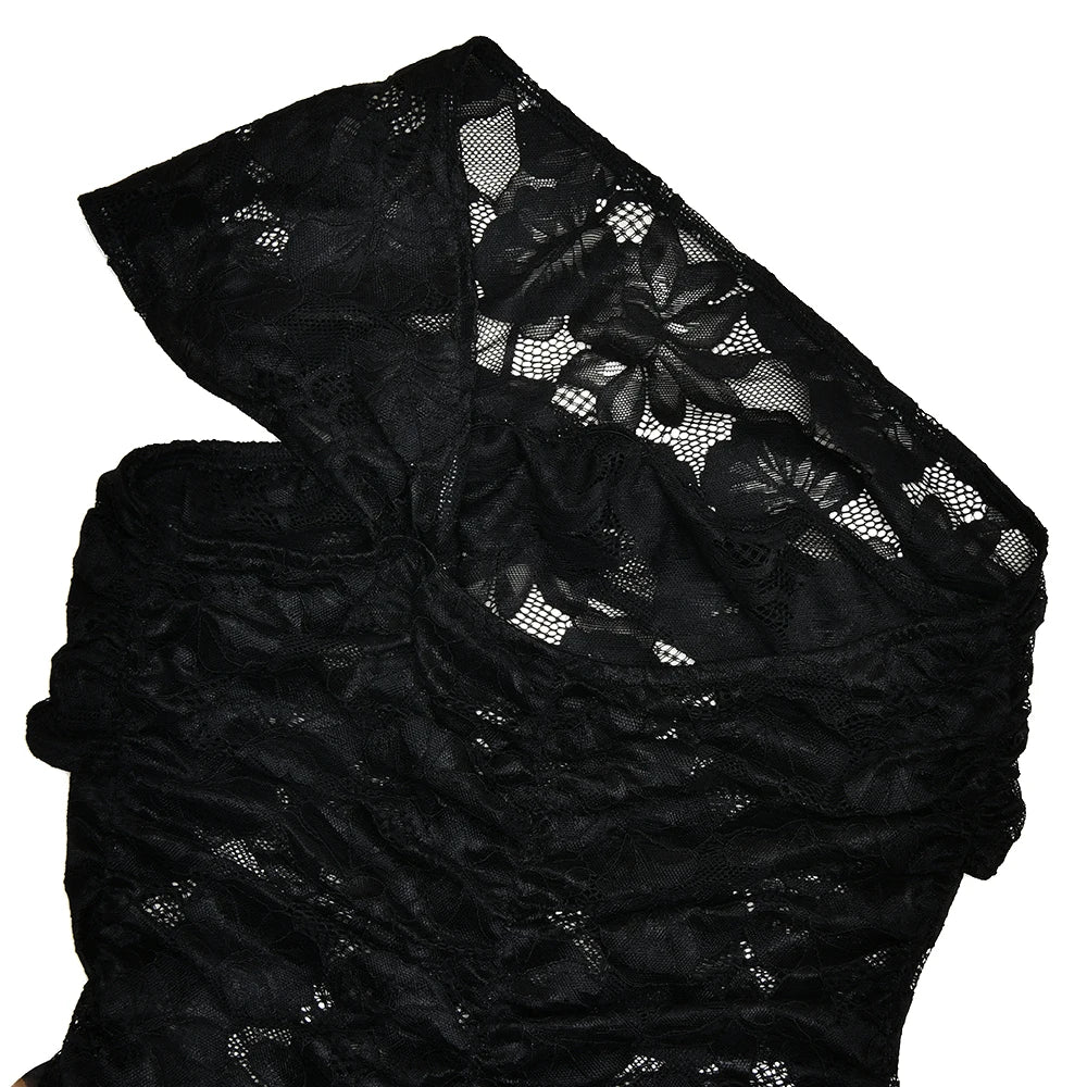Amaranta Sheer Lace & Leopard One-Shoulder Ruffle Dress