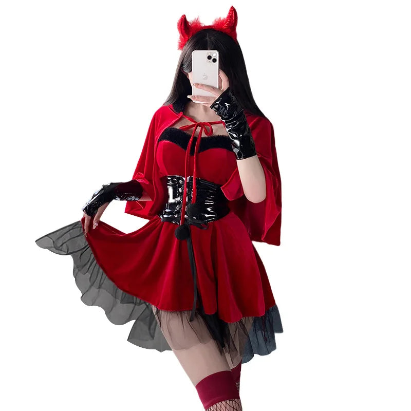 Lucinda Red Velvet Devil Costume Set with Cape, Corset Belt & Horns