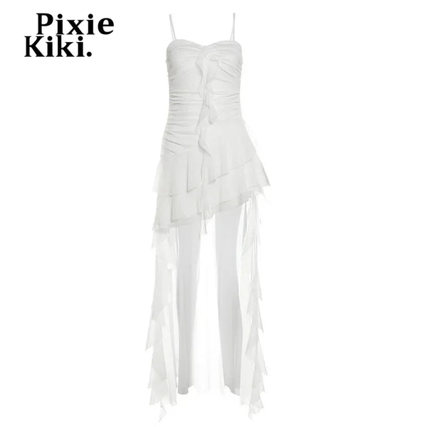 PixieKiki Y2k Sexy Mesh Ruffle Irregular High Low Dress White Black Sleeveless Long Dresses Summer Clothes Women 2024 P94-EZ30