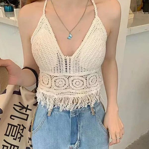 Soleil Crochet Tassel Halter Beach Crop Top One-piece