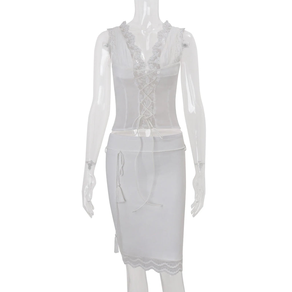 Celine Lace-Trim Deep-V Midi Skirt Set Two-piece