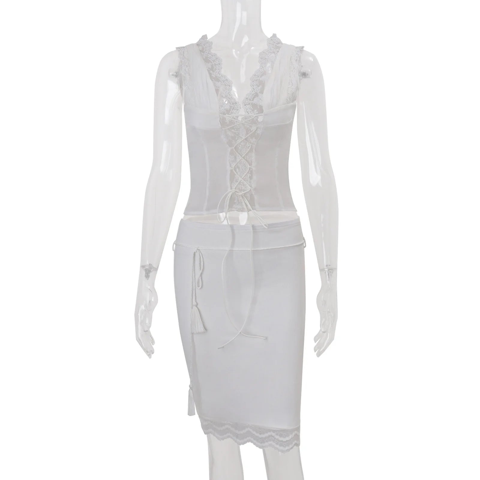 Celine Lace-Trim Deep-V Midi Skirt Set Two-piece