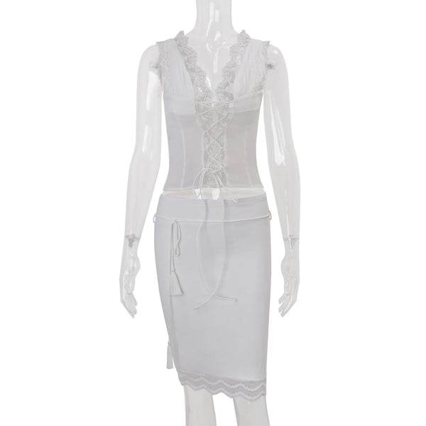 Celine Lace-Trim Deep-V Midi Skirt Set Two-piece