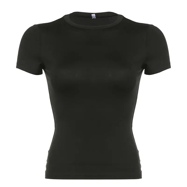 Basic Solid Crop Top Short Sleeve Crewneck Skinny T-shirt Summer Casual Tee for Women Y2K Vintage Top Harajuku Streetwear