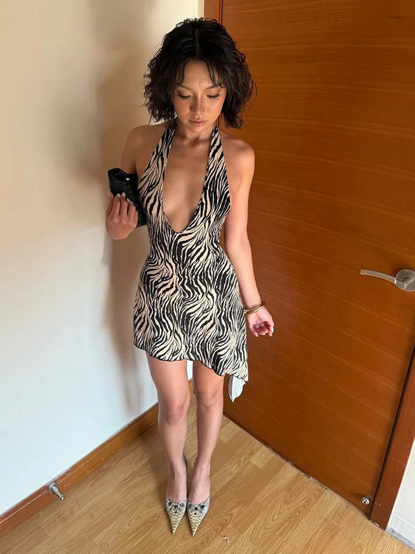 Luciana Zebra Print Asymmetrical Bodycon Mini Dress