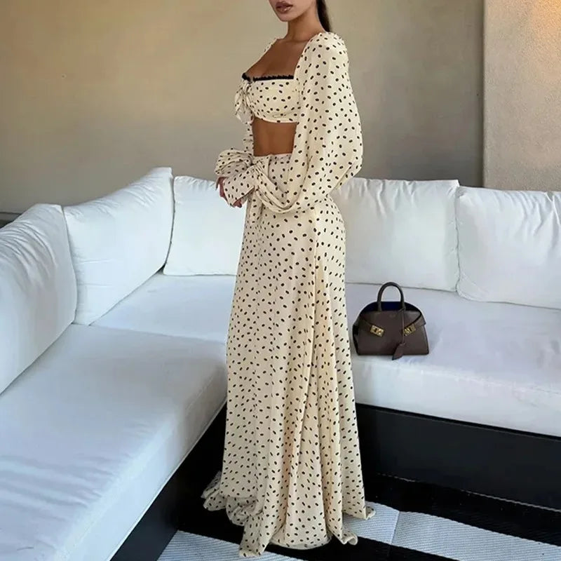 Hortense Ditsy Floral Lantern-Sleeve Lace-Trim Crop Top & Maxi Skirt Two-piece