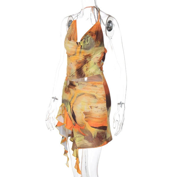 Eliana Scenery-Print Halter Ruffle Mini Dress