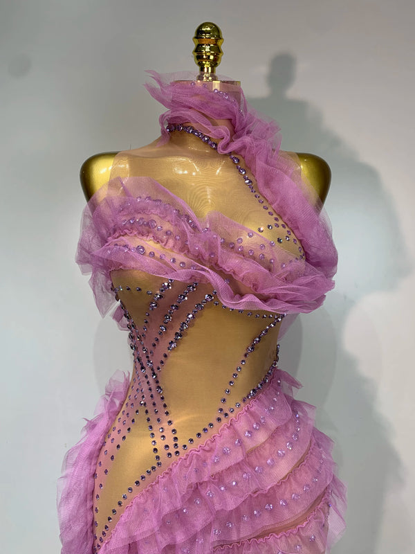 Violetta Rhinestone Mesh Ruffle Maxi Dress