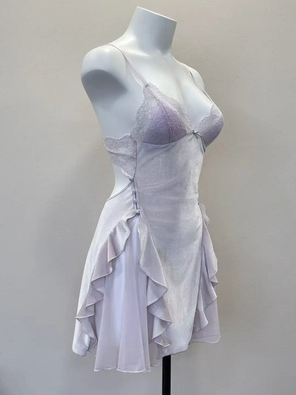 Noelle Lace-Trim Velvet Ruffle Backless Mini Nightgown