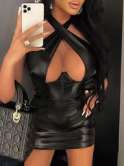 Raven Luxe Leather Cross-Neck Bodycon Mini Dress One-piece