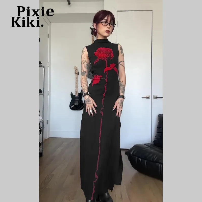 PixieKiki Rose Print Black Gothic Dress Dark Academia Sleeveless Backless High Split Long Dresses Woman Clothes P65-EE24