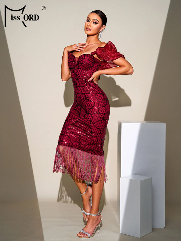 Elara Sequin Fringe Off-Shoulder Midi Dress