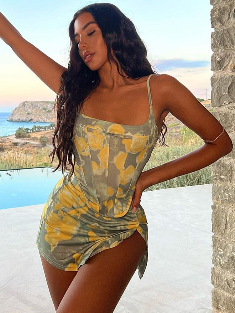 Floral Print Two Piece Set For Women Matching Set Corset Top And Mini Skirt Sets Summer Holiday Vacation Outfits