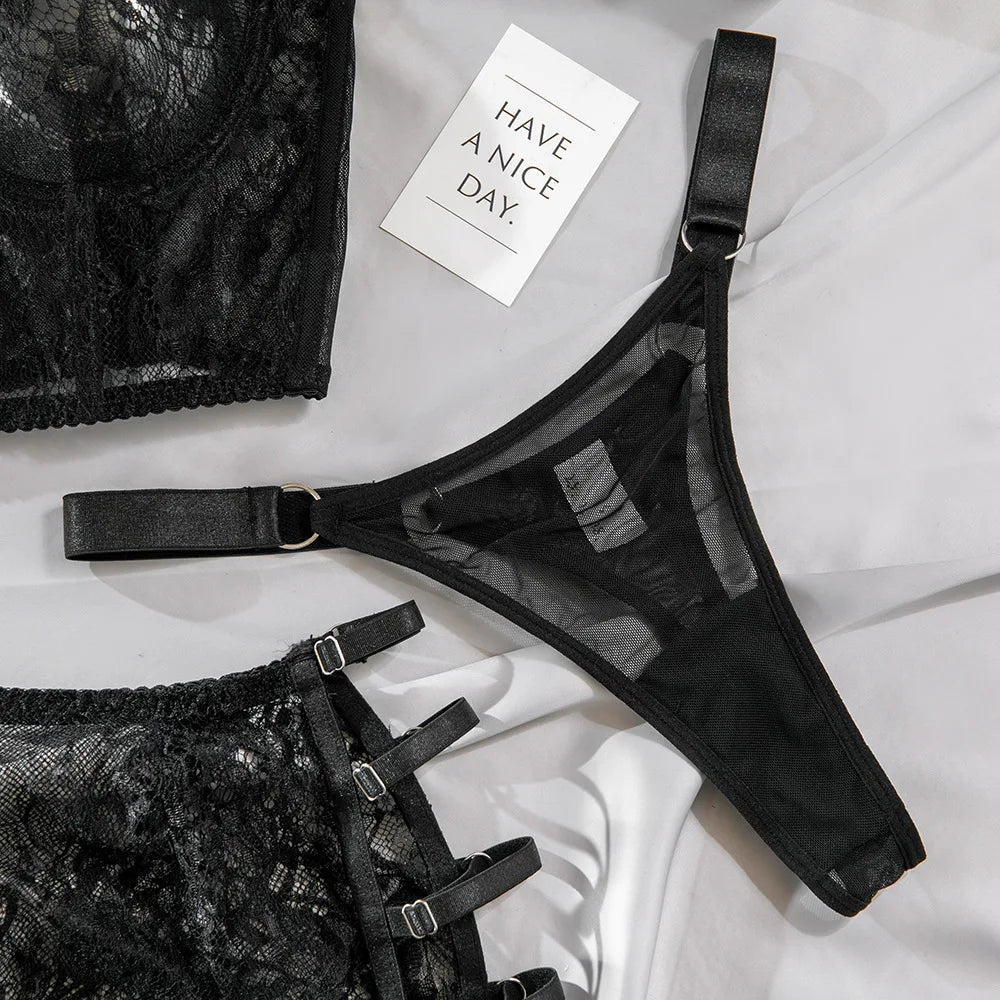 Severine Lace Longline Bra & Buckle-Strap Mini Skirt Lingerie Set