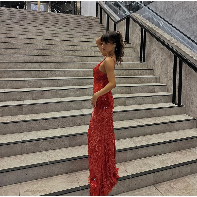 Ismene Sequin Plunge Keyhole Backless Cami Mermaid Maxi Dress