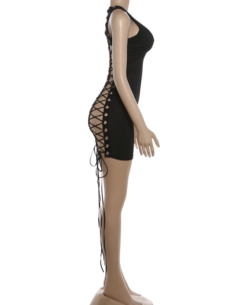 Kliou Sexy Hollow Mini Dress Woman o-Neck Sleeveless Metal Rings Cross Bandage Decoration Midnight Club Party Fashion Bodycon