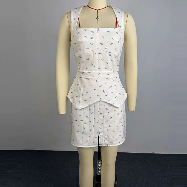 Graziella Ditsy Floral Square Neck Peplum Top & Mini Skirt Two-piece