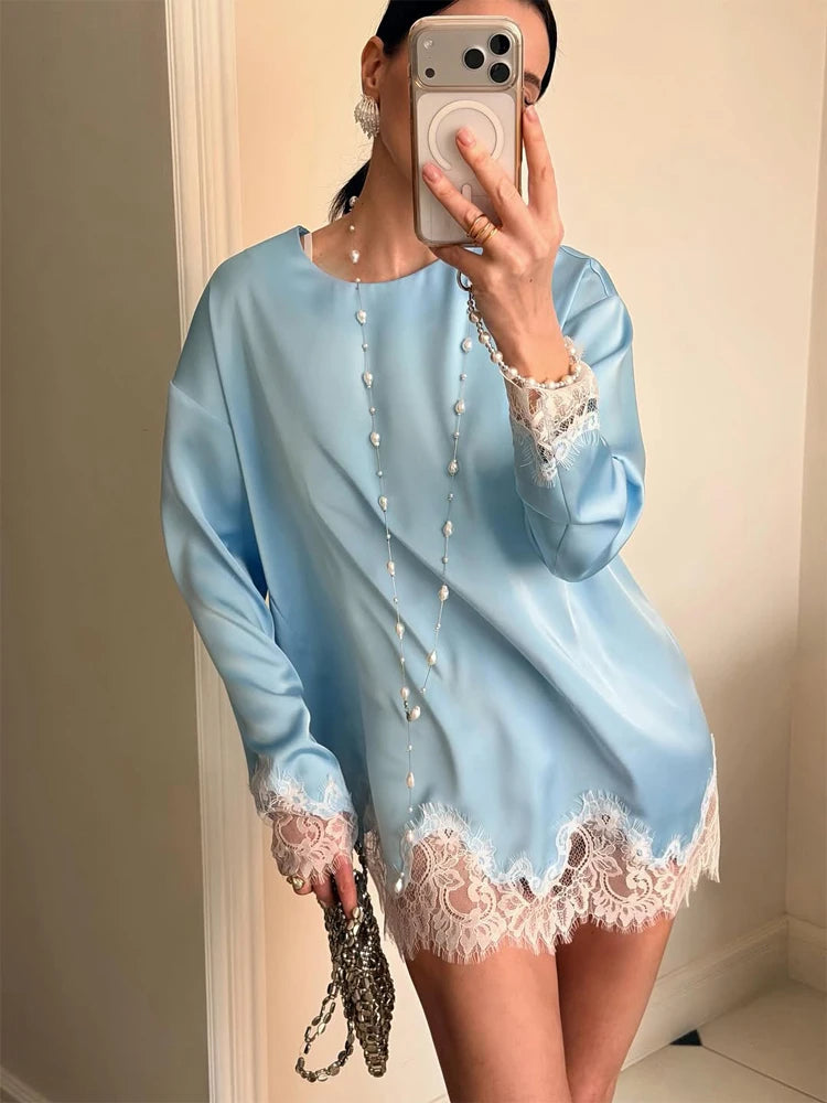 Amara Satin Lace Long-Sleeve Mini Dress