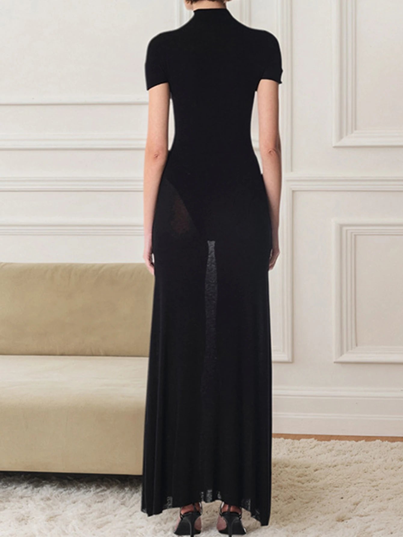 Adelina Sheer-Panel Button Bodycon Maxi Dress