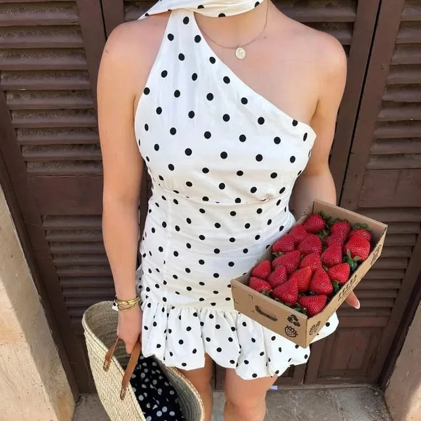 Isabella Riviera Polka Dot One-Shoulder Halter Ruffle Mini Dress