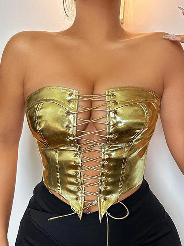 Sylvie Metallic PU Leather Corset Crop Top