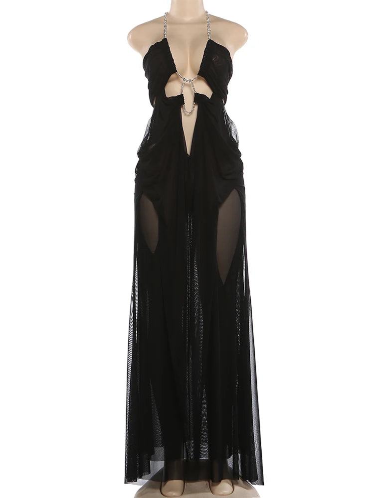 Kira Chain-Halter Mesh Maxi Dress