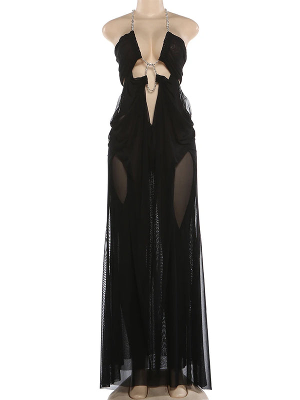 Kira Chain-Halter Mesh Maxi Dress